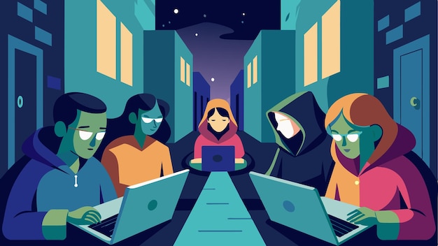 Illustration of a security team working together on laptops, the ClarenSec penetration testing team